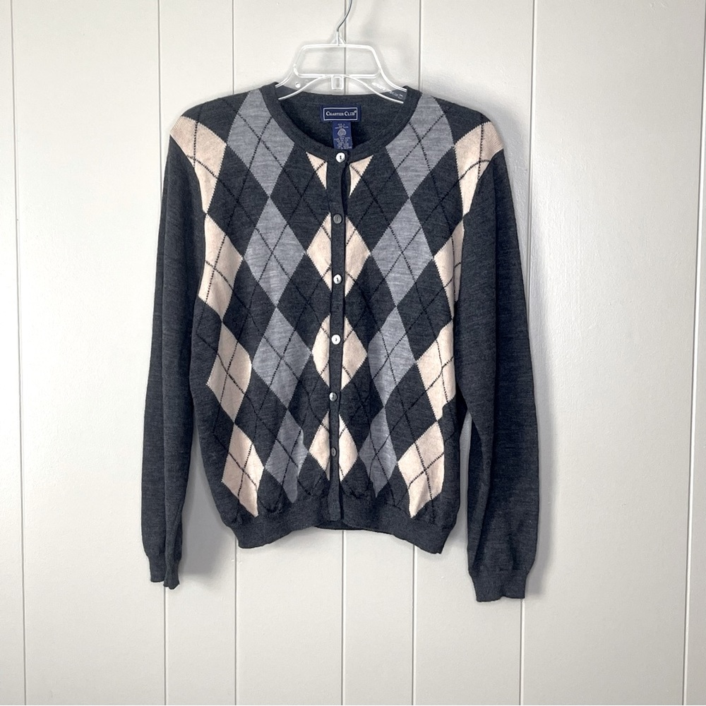Vintage charter club 100% marino wool argyle button down sweater